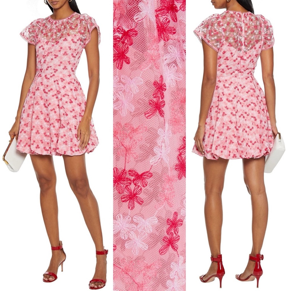 ML Monique Lhuillier Gathered Embroidered Tulle Mini Dress Pink Floral Fit Flare - Picture 2 of 15